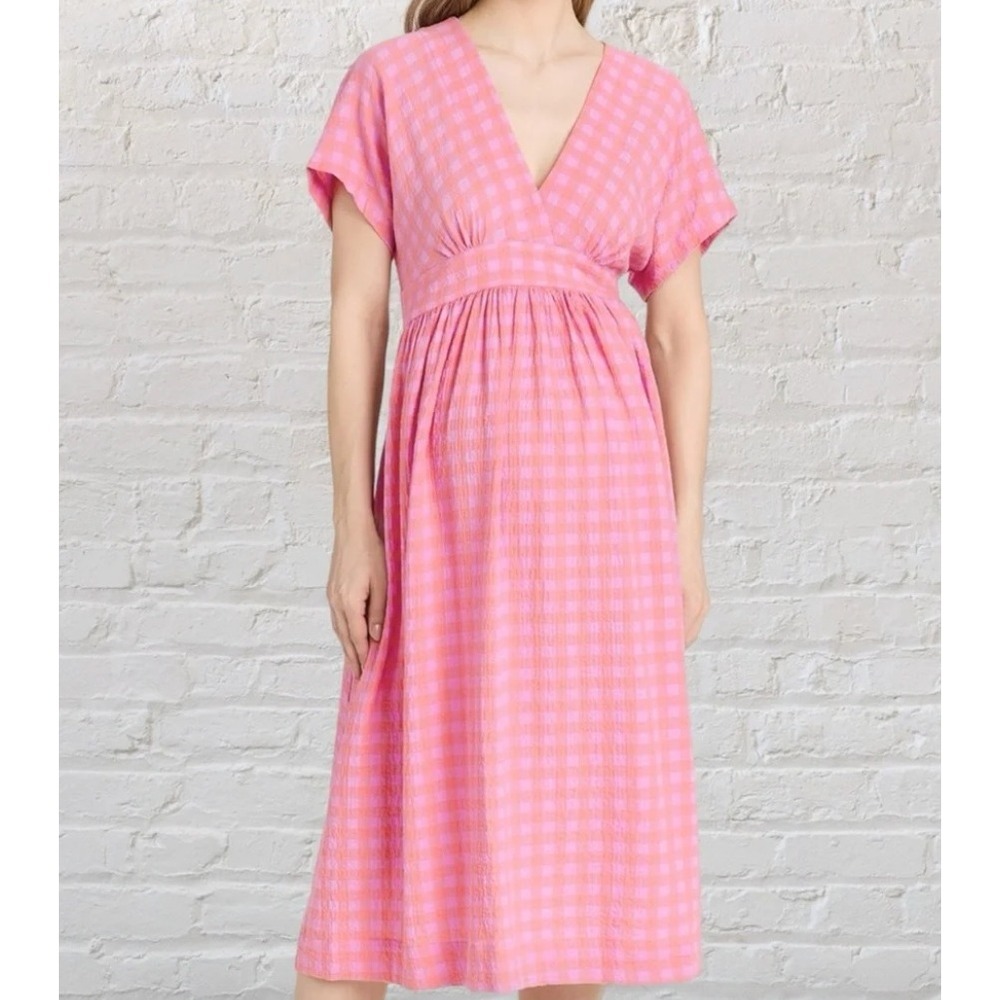 Hatch Womens Carolina Gingham Maternity Midi Dress 2 Pink Orange Cotton V-Neck